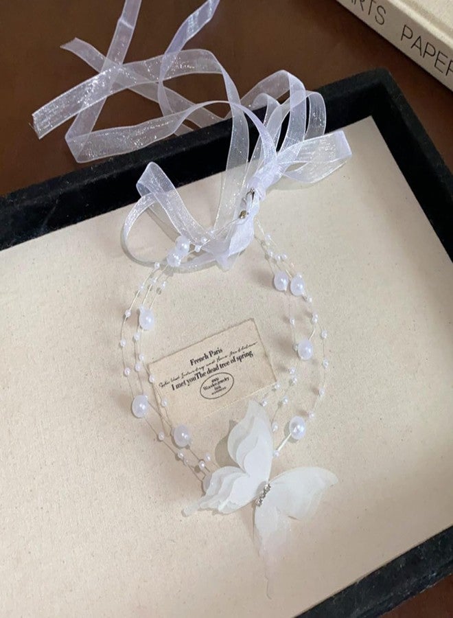 Rannyrena Boho Lace Butterfly Y Necklace Layered Long Wrap Choker Necklace Dainty Pearl Station Bow Tie Necklace for Women (White) - Image 5